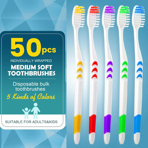 50 PCS Bulk Toothbrush Pack, Individually Wrapped, Medium Soft Bristle, Ergonomic Handle, Disposable for Travel Hotel Donation